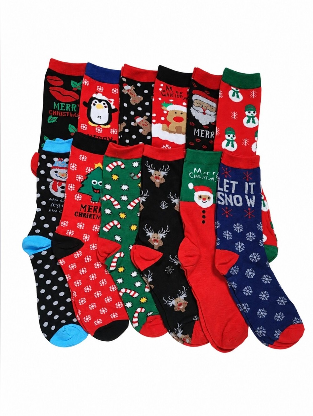12 Pairs Womens Holiday Merry Christmas Santa Reindeer Socks Size 9-11 Brand New